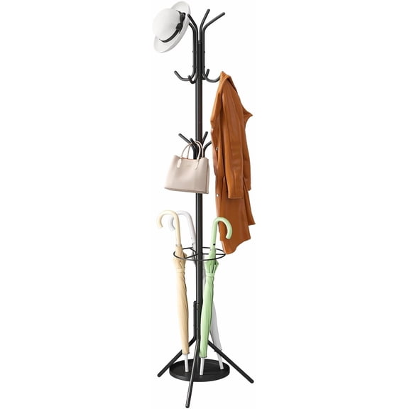 Coat Rack Freestanding,Entryway Hanger Stand,Umbrella Holder,Hall Tree With 12 Hooks, Floor Standing Metal Tree Stand,Black