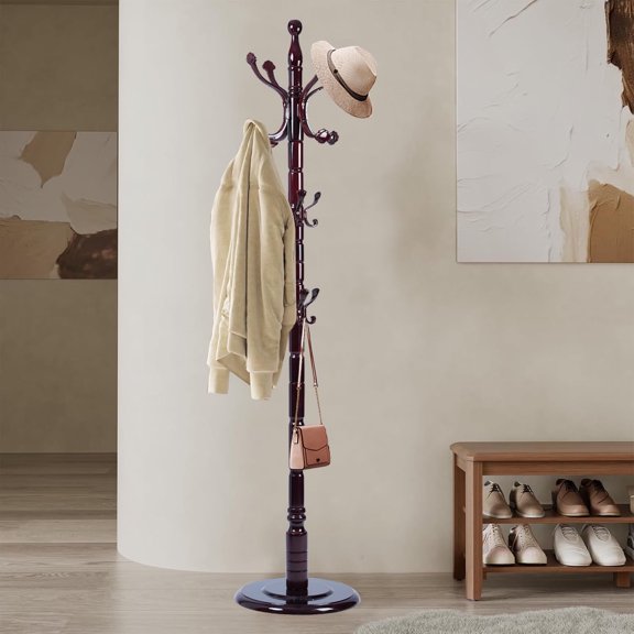 Coat Rack Freestanding, Hall Tree with 14 Hooks, Heavy Duty Wooden Coat Tree Stand, Adjustable Height, Sturdy Base for Bedroom Hallway Office - Load 300lbs