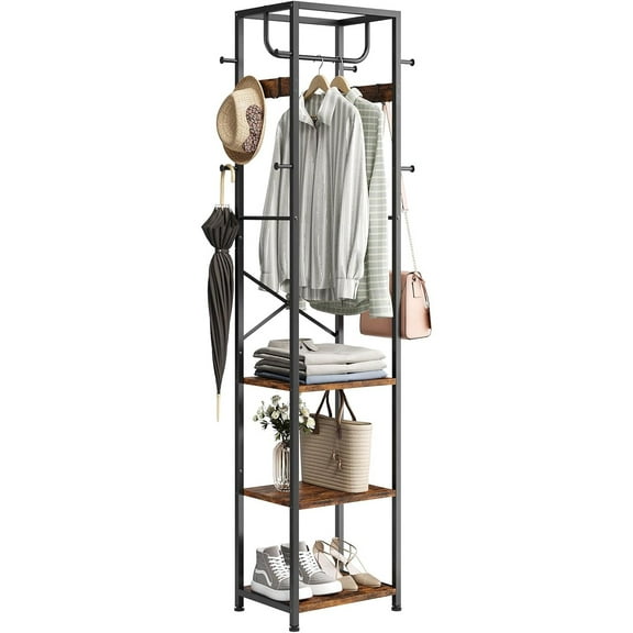 Coat Rack Freestanding, Hall Tree with 3 Storage Shelves and 12 Hooks, Industrial Clothes Rack Stand Organizer for Bedroom, Hallway, Entryway, Office, Living Room, Rustic Brown