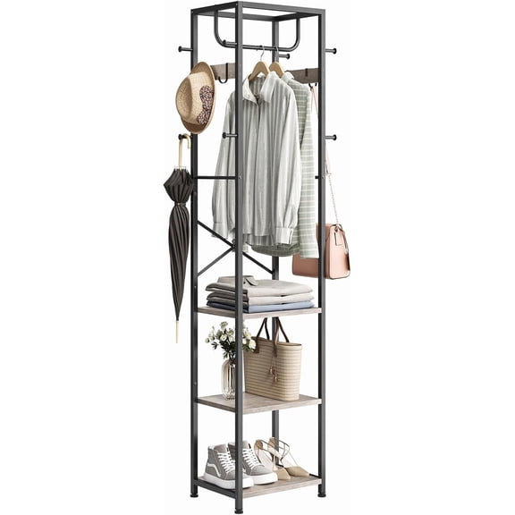 Coat Rack Freestanding, Hall Tree with 3 Storage Shelves and 12 Hooks, Industrial Clothes Rack Stand Organizer for Bedroom, Hallway, Entryway, Office, Living Room
