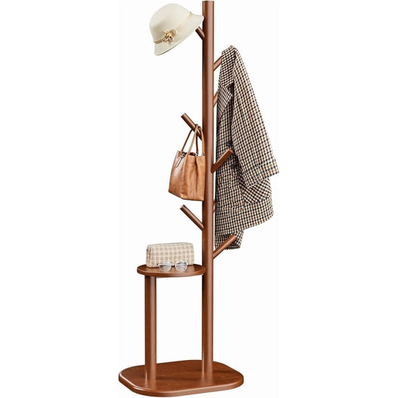 Coat Rack, Freestanding Hall Tree with 8 Hooks & Storage Shelf, Solid Wood Base, 66.3 Tall Coat Rack Stand for Coats, Hats, Bag in Entryway, Bedroom, Living Room, Brown, PIFCR11BN
