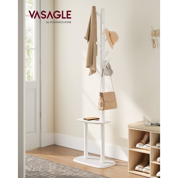 VASAGLE Coat Rack, Free Standing Coat Stand, Hall Coat Tree with 8 Hooks and Storage Shelf, 67.2 Inch Tall, for Coats, Hats, Bags, for Entryway, Hallway, Bedroom, Cloud White