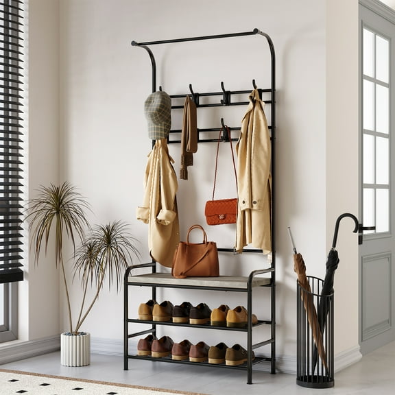 Coat Rack Freestanding, Hall Tree with Bench and Shoe Storage, Metal Frame Clothes Rack with 8 Hooks & Hanging Rod for Entryway, Living Room