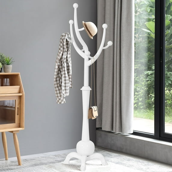 WOOW DEPOT Large Wood Coat Rack Heavy Duty Freestanding Clothes Hanger Stand w/ Stable Base & 8 Tree Branch Hooks for Entryway Hallway Bedroom