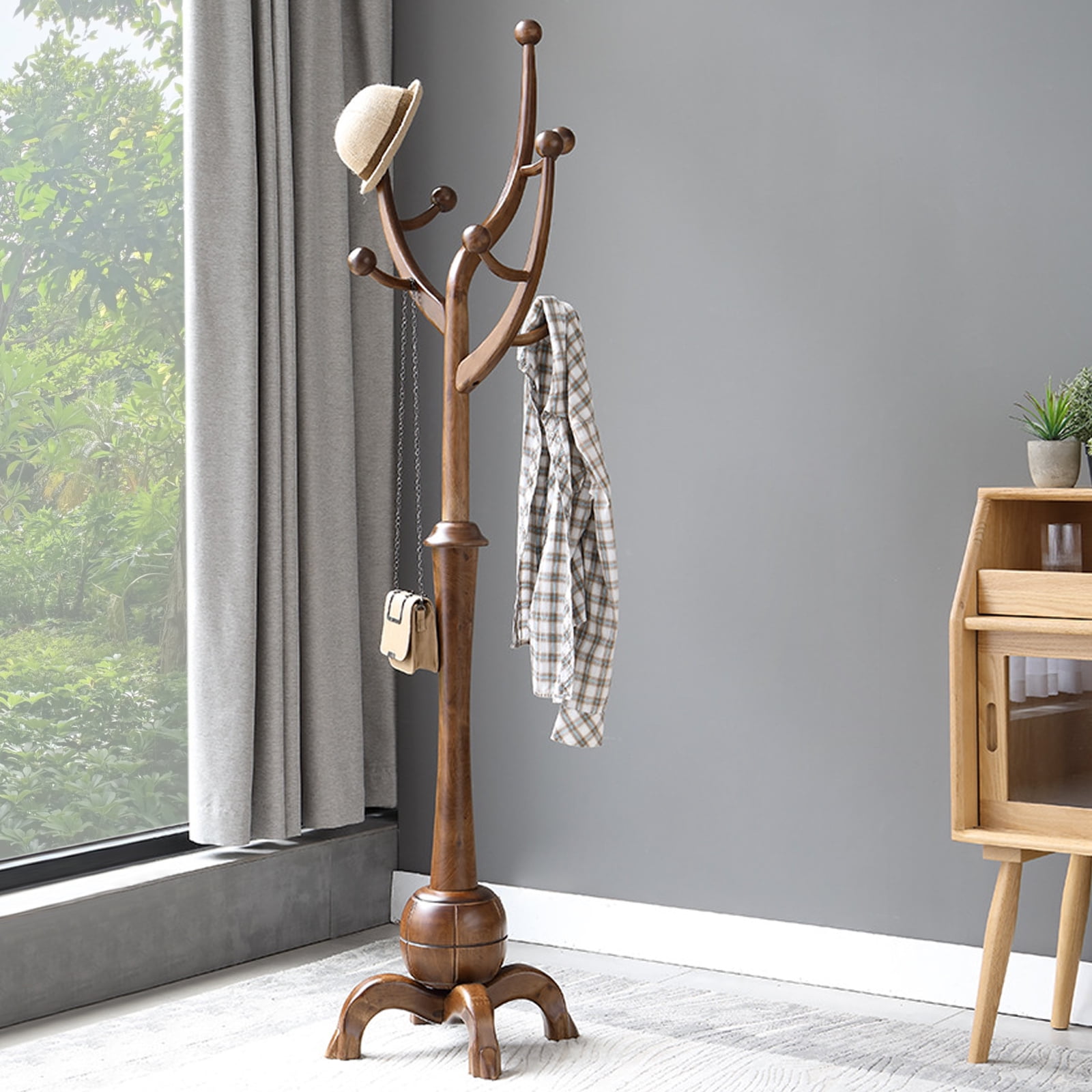 Walnut Brown Freestanding Wooden Coat Rack with 8 Hooks