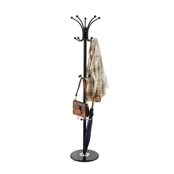 Coat Rack Freestanding Marble Base - 14 Hook Hall Tree with Umbrella Holder - Heavy Duty Metal Coat Hanger Stand for Entryway, Bedroom, Office