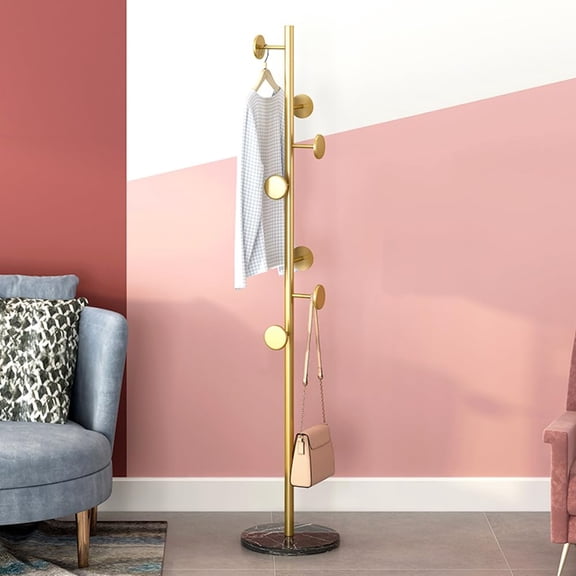Coat Rack Freestanding with Marble Rock Slab Base, Heavy Duty Sturdy Stable Metal Tree Clothes Racks with 7 Staggered Round Hooks, Coat Hanger for Clothing Hats Bags Purses, for Room Entryway Bedroom