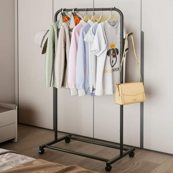 Coat Rack, Freestanding Metal Clothes Rack with Wheels, Standard Organizer for Hanging Clothes, Coats, Skirts, Shirts, Black Freestanding Metal Clothes Rack with Wheels