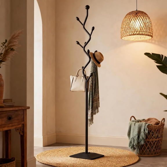 Coat Rack Freestanding Metal Coat Tree with 8 Hooks, Creative Design Tree Branch-look, Standing Coat Rack Coat Hanger Stand with Stury cast iron Base for Entryway, Hallway, Bedroom (black)