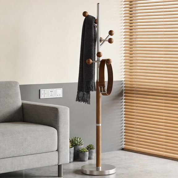 Coat Rack Freestanding, Metal Coat Tree with 9 Rubber Wood Hooks, Heavy Duty Coat Hanger Stand with Marble and Stainless Steel Base, Standing Hall Tree for Clothes, Hats, Bags, Jackets