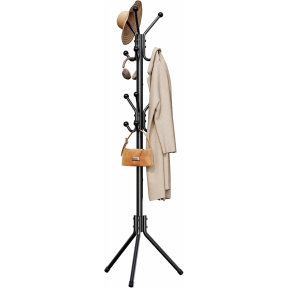 Coat Rack Freestanding,Metal Coat Tree for Entryway with 12 Hooks | Smooth Ball Ends Prevent Clothing Snags, 80LBS Load Coat Racks for Coat Hats Handbags Scarves in Bedroom Office, Black