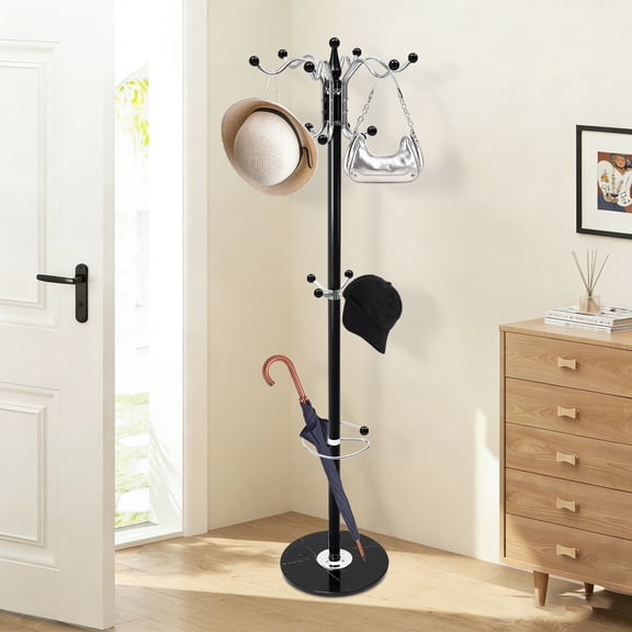 Coat Rack Freestanding, Modern Coat Rack with Natural Marble Base, Metal Freestanding Coat Rack with 16 Hooks, Entry-way Coat Racks Stand, Standing Coat Tree Rack (Black)