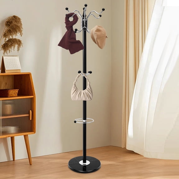 Coat Rack Freestanding, Modern Coat Rack with Natural Marble Base, Metal Freestanding Coat Rack with 16 Hooks, Entry-way Coat Racks Stand, Standing Coat Tree Rack (Black)