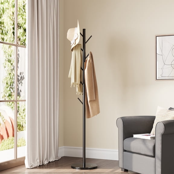 Coat Rack Freestanding with Natural Marble Base, Metal Coat Rack Stand with 10 Hooks, 3 Adjustable Size Coat Tree for Bags, Clothes, and Hats for Entryway, Bedroom, Hallway, Office