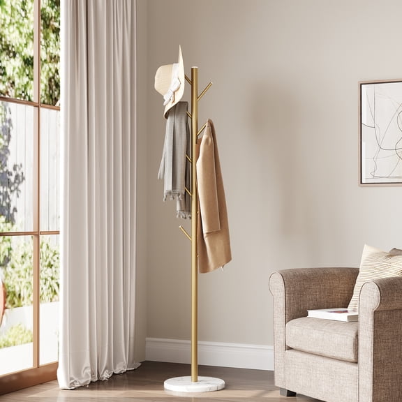 Coat Rack Freestanding with Natural Marble Base, Metal Coat Rack Stand with 10 Hooks, 3 Adjustable Size Coat Tree for Bags, Clothes, and Hats for Entryway, Bedroom, Hallway, Office