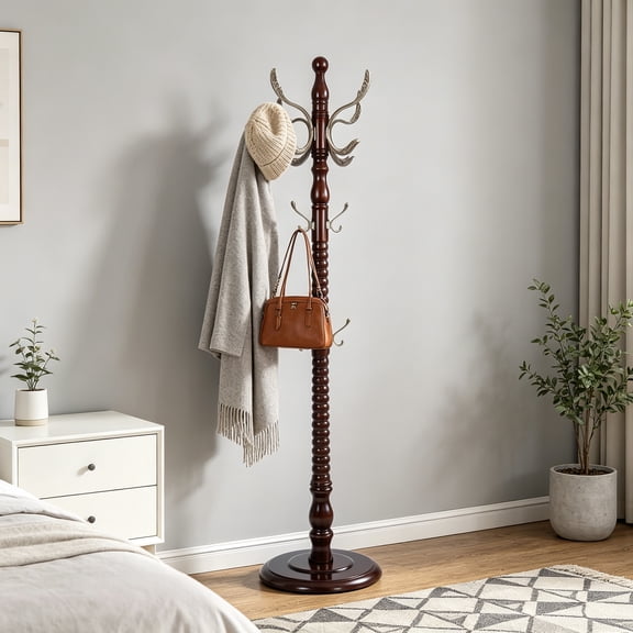 Coat Rack Freestanding, Natural Wood Coat Rack Stand with 14 Hooks, Heavy Duty Adjustable Height for Entryway, Hallway, Foyer, Office, Bedroom, Redwood