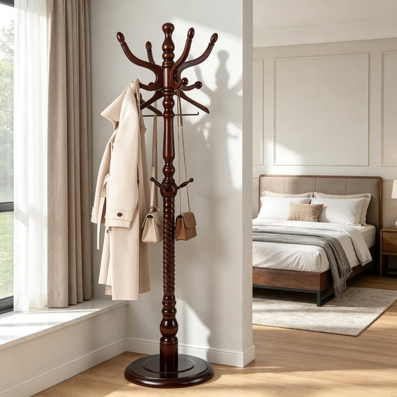 Coat Rack Freestanding, Natural Wood Coat Stand with 11 Hooks, 75" Heavy Duty Adjustable Height Vintage Hall Tree for Entryway, Bedroom, Office, Easy Assembly, Dark Brown