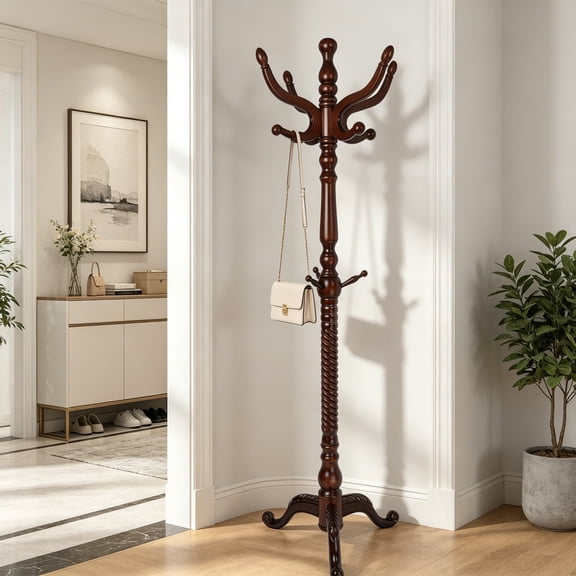 Coat Rack Freestanding, Natural Wood Coat Stand with 14 Hooks, 75" Heavy Duty Adjustable Height Vintage Hall Tree for Entryway, Bedroom, Office, Easy Assembly, Triangular Dark Brown