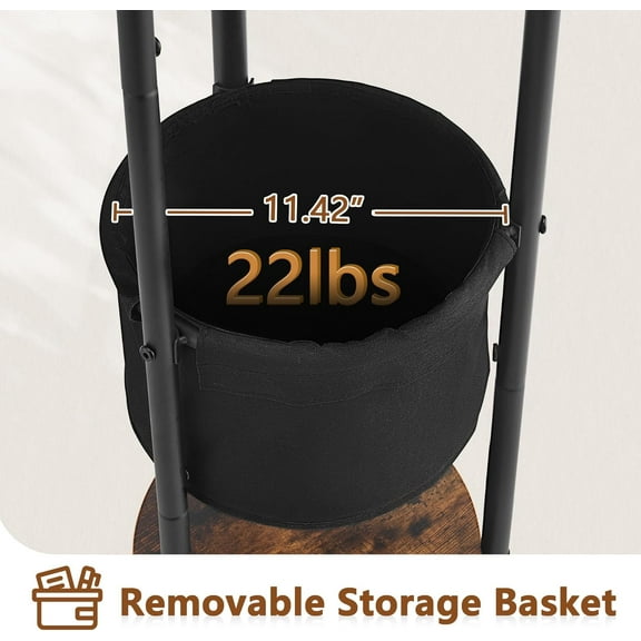 Coat Rack Freestanding, Round Coat Rack with 3 Wooden Shelves and 1 Fabric Basket, Metal Clothes Tree with 5 Hooks, Coat Hanger Stand for Clothes, Hats, Bags, Brown and Black