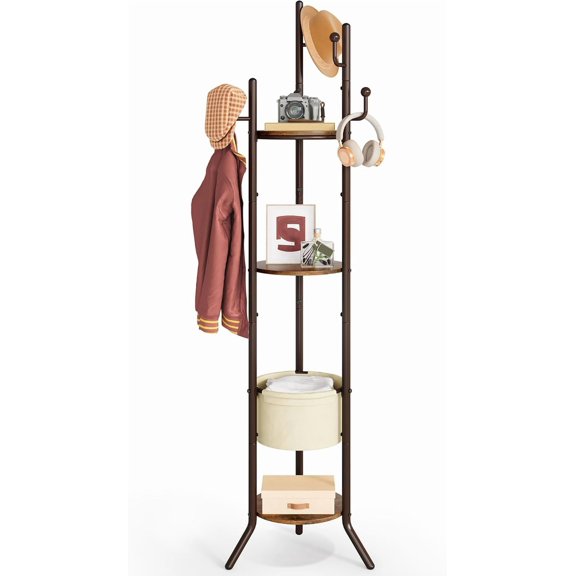 Coat Rack Freestanding, Round Coat Rack with 3 Wooden Shelves and 1 Fabric Basket, Metal Clothes Tree with 5 Hooks, Coat Hanger Stand for Clothes, Hats, Bags, Rustic Brown