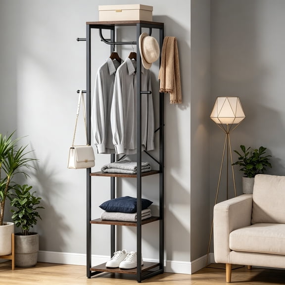 Coat Rack Freestanding with Shelves, Industrial Hall Tree with 4 Shelves and 8 Hooks, Standing Small Clothes Rack Closet Organizer for Entryway, Bedroom