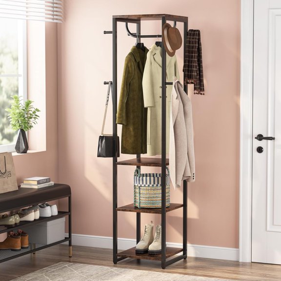 Coat Rack Freestanding with Shelves, Industrial Hall Tree with 4 Shelves and 8 Hooks, Standing Small Clothes Rack Closet Organizer for Entryway, Bedroom