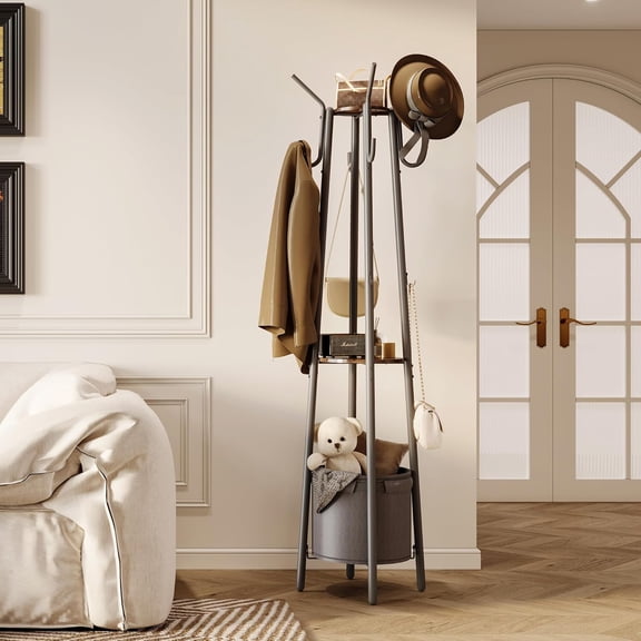 Coat Rack Freestanding with Storage Basket & 12 Hooks, Heavy Duty Hall Tree for Entryway, Standing Coat Rack with Shelf for Hallway, Bedroom, Office Organization
