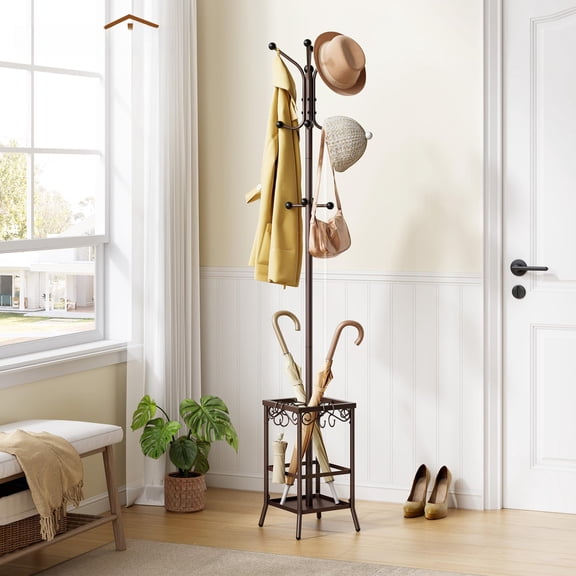 Coat Rack Freestanding  Tree With Umbrella Holder Metal Stand 12 Hooks Standing Hanger For Entryway Hat Home Office Brown