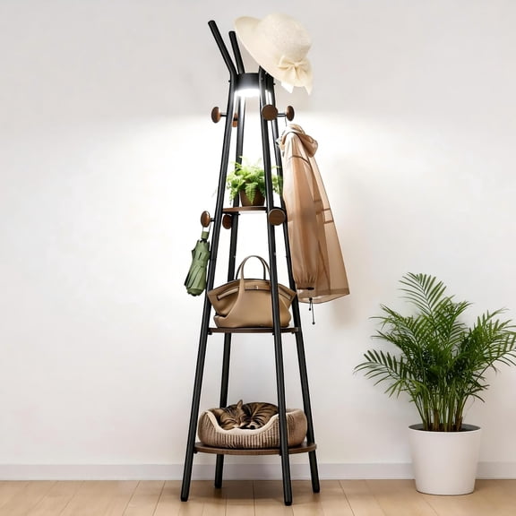 Coat Rack  Freestanding With 3 Shelves And 12 Hooks Tree Motion Sensor Light For Entryway Livingroom Hall Free Standing Coats Scarves Handbags Black