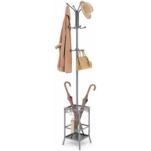 Coat Rack Freestanding With Umbrella Holder, Metal Coat Tree With 12 Hooks, Standing Hanger for Entryway, Hat Rack for Home Office, Gray