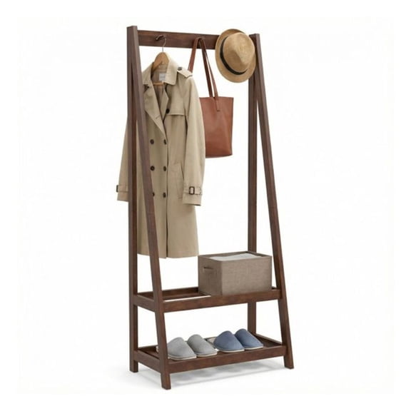 Coat Rack Freestanding Wood, A-Frame Coat Tree with Shelves - Solid Rubber Wood Garment Rack for Entryway, Bedroom, Hallway - 3 Hooks & 2 Storage Shelves