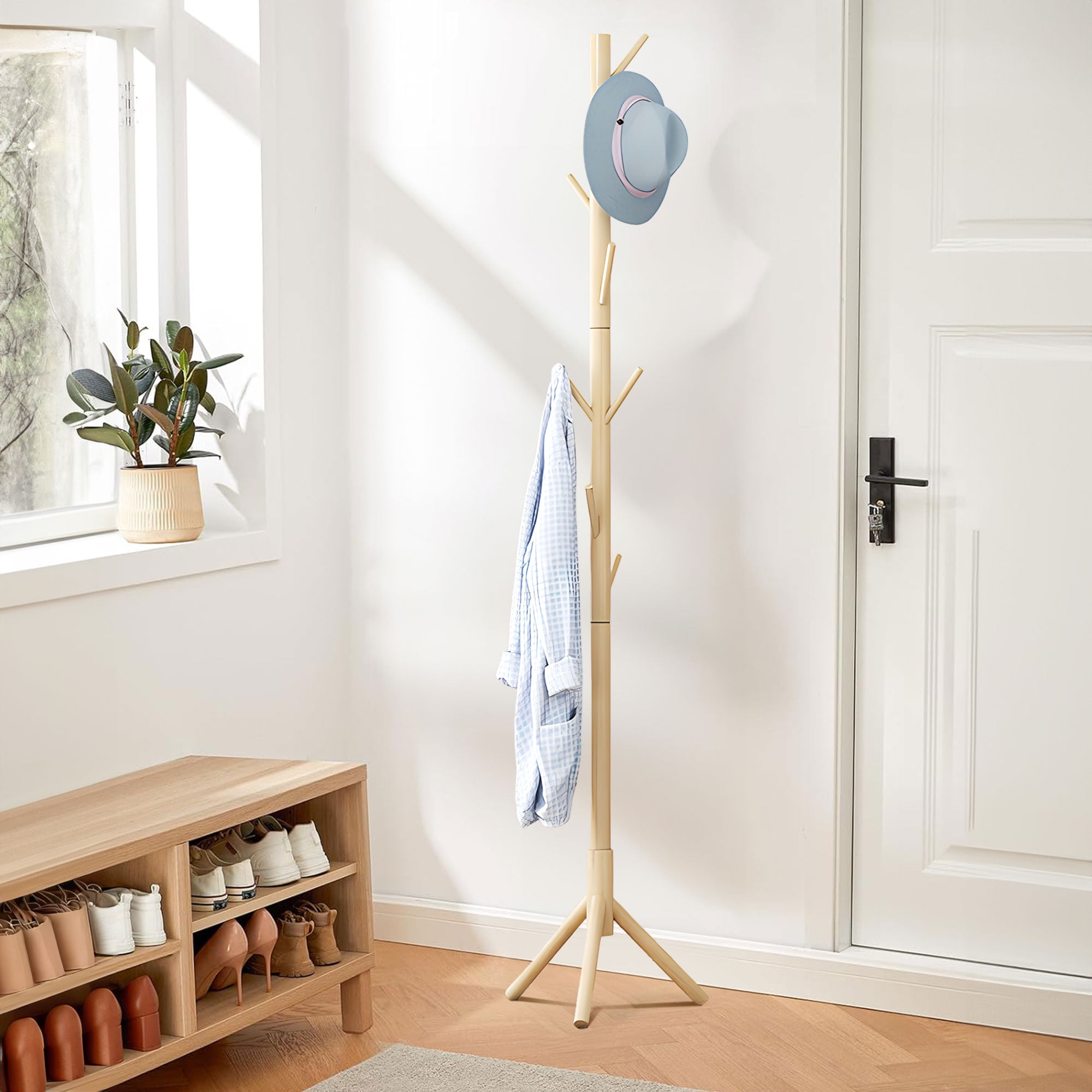 Coat Rack Freestanding, Wood Coat Stand, Corner Coat Aack with 3