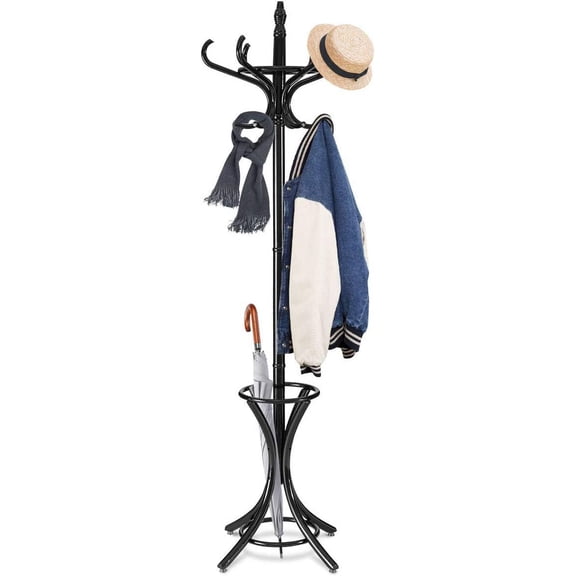 Coat Rack Freestanding, Wooden Coat Tree with 12 Hooks and Umbrella Stand, Entryway Hall Tree, Hat Hanger Organizer, Coat Rack Stand for Coats, Hats, Scarves, Easy Assembly
