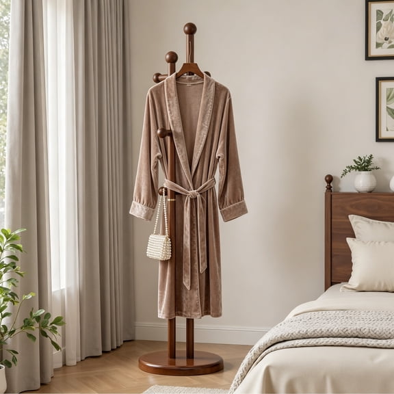 Coat Rack Freestanding, Wooden Coat Tree with 2 Main Rods, Heavy Duty Coat Hanger Stand with 15.75" Dia Round Base, Walnut Standing Hall Tree for Bedroom, Living Room, Clothes, Jacket, Bag, Hat