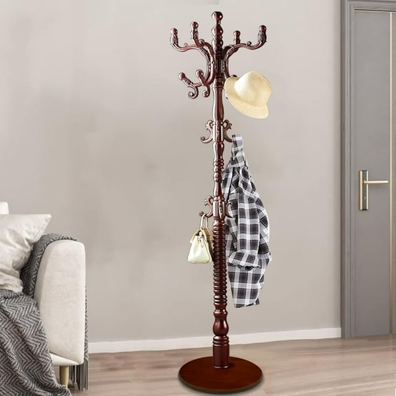 Coat Rack Freestanding, Wooden Tree Coat Rack Stand with 3 Adjustable Sizes Coat Tree and 14 Hooks, Sturdy Hall Tree with Solid Round Base for Entryway, Hallway, Bedroom, Office (Reddish brown )