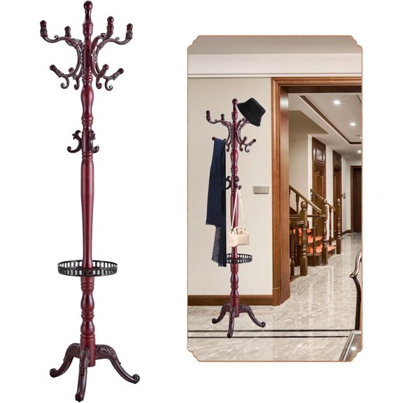 Coat Rack Freestanding, Wooden Tree Coat Rack Stand with 3 Adjustable Sizes Coat Tree and 14 Hooks, Sturdy Hall Tree with Solid Round Base for Entryway, Hallway,Bedroom (Reddish Tray)