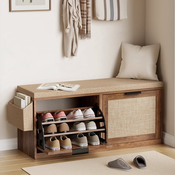 HOMMPA Shoe Storage Bench with Flip-Up Shoe Cabinet Entryway Bench with Side Organizer & Padded Seat Cushion Hallway Storage Bench Shoe Rack Organizer for Bedroom Living Room