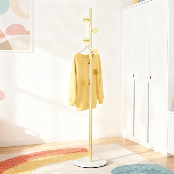 Coat Rack Freestanding with Marble Rock Slab Base, Heavy Duty Sturdy Stable Metal Tree with 7 Staggered Round Hooks for Clothing Hats Bags Purses