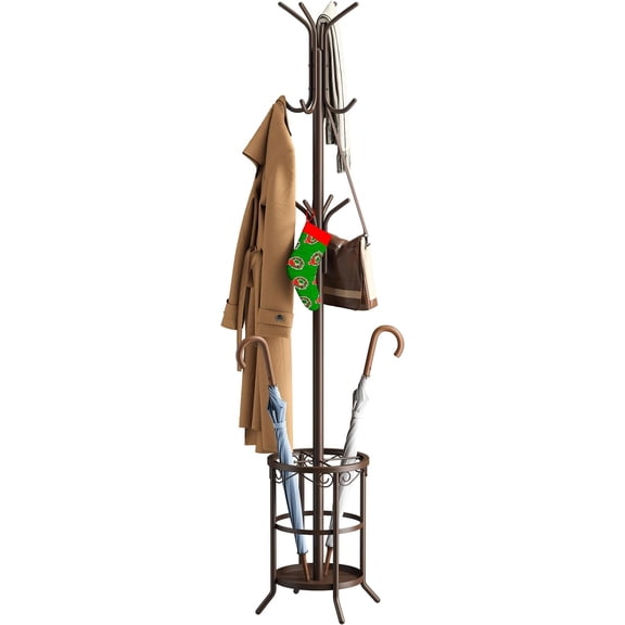 Coat Rack Freestanding with Umbrella Stand Coat Rack Stand with 12 Hooks Metal Coat Tree Coat and Hat Hanger Jacket Entryway(Brown)