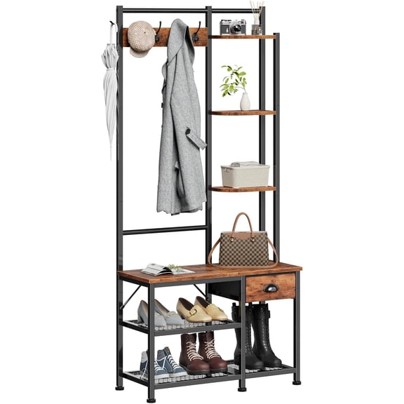 Coat Rack, Hall Tree with Bench and Shoe Storage, 4 in 1 Entryway Bench, Coat Rack with 3 Shelves and Drawer, Entryway Organizer with 5 Hooks for Hanging, Rustic Brown
