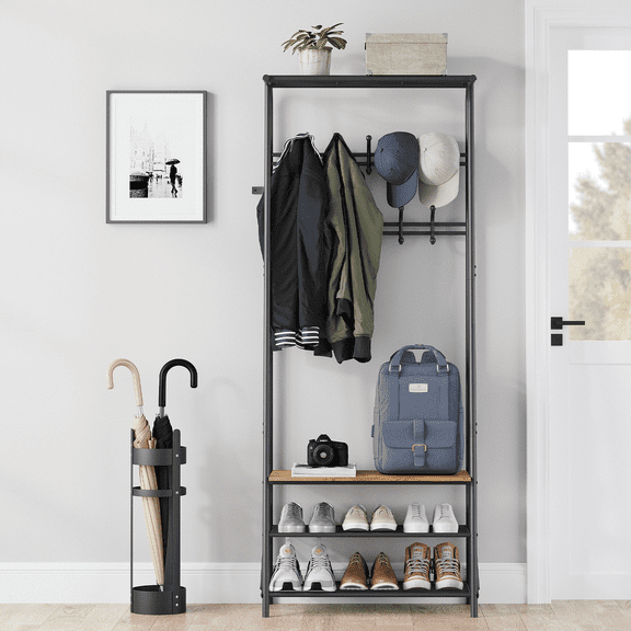 Coat Rack Hall Tree with Bench and Shoe Storage,4-in-1 Entryway Organizer,3-Tier Metal Shoe Rack for Front Door,Industrial Design,Sturdy Freestanding Furniture,Brown,Double row hook 60 width