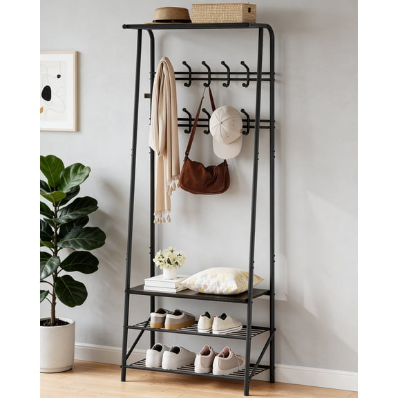Coat Rack, Hall Tree with Bench and Shoe Storage, Entryway Bench with Coat Rack, 8 Hooks and 3-Tier Shoe Storage, Metal Frame for Entryway, Hallway, Front Door, Black