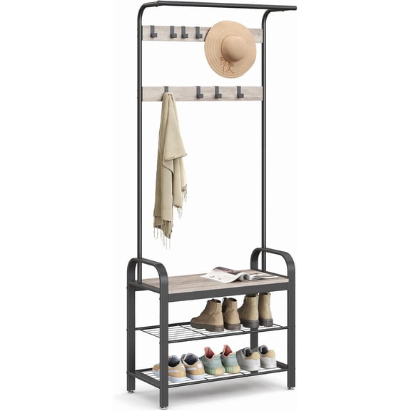 Coat Rack, Hall Tree with Shoe Bench for Entryway, Entryway Bench with Coat Rack, 4-in-1, with 9 Removable Hooks, a Hanging Rod, 13.3 x 33.1 x 72.1 Inches-Greige + Black