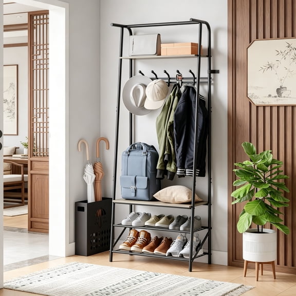 Coat Rack Hall Tree with Shoe Storage Bench, 4-in-1 Entryway Bench with 6 Hooks & 3-Tier Shoe Rack, Metal Frame for Entryways, Freestanding Coat Rack Storage for Entryway, Hallway, Front Door