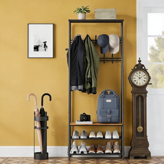 Coat Rack Hall Tree with Shoe Storage Bench, 4-in-1 Entryway Bench with 6 Hooks & 3-Tier Shoe Rack, Metal Frame for Entryways, Freestanding Coat Rack Storage for Entryway, Hallway, Front Door