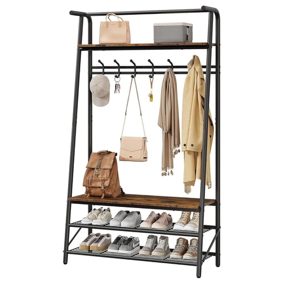 Coat Rack, Hall Tree with and Shoe Storage, Entryway with Coat Rack, 6 and 3 Tier Shoe Storage, Metal Frame for Entryway, Hallway, Front Door, Rustic Brown