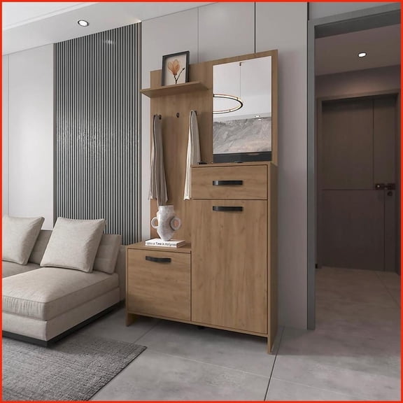 Coat Rack Hall Tree with 4 Shelves, Drawer & Mirror - Natural Oak | Particle Board | Primary Living Space