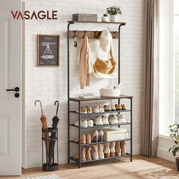 VASAGLE Hall Tree with Shoe Bench, Coat Rack Shoe Bench, 5-Tier Shoe Rack Different Heights, 5 Dual Hooks, Top Shelf, Entryway Organizer, Hallway Bedroom Dorm, Rustic Brown and Black