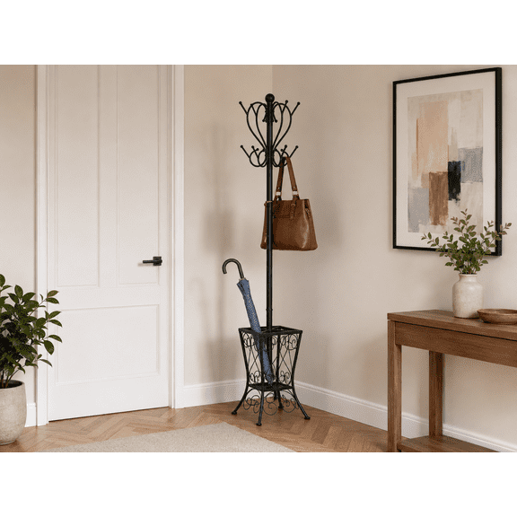 Coat Rack Hall Tree with 8 Hooks and Umbrella Holder, Freestanding Entryway Storage for Bedroom or Mudroom, Black Metal, 71" H, Transitional Design