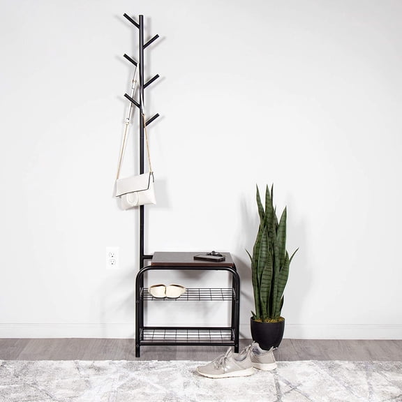 Coat Rack Hall Tree with Bench (Black)